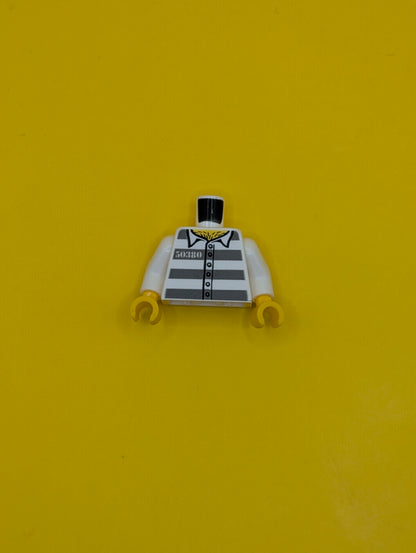 973pb3375c01 Torso Prison Uniform Shirt with '50380', 5 Buttons, and Dark Bluish Gray Stripes, Hairy Chest, Yellow Neck Pattern / White Arms / Yellow Hands Lego Part