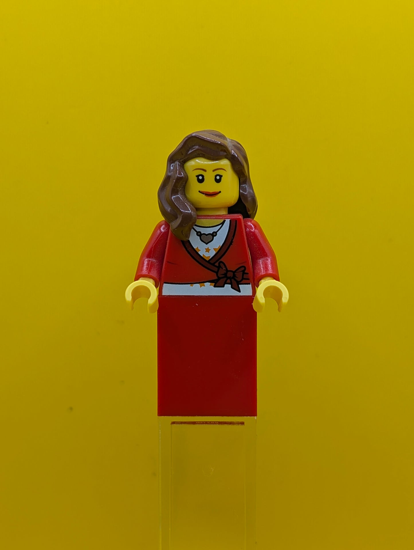 Sweater Cropped twn121 with Bow, Heart Necklace, Red Skirt, Reddish Brown Female Hair over Shoulder, Small Eylashes and Wide Smile City Lego Minifigure