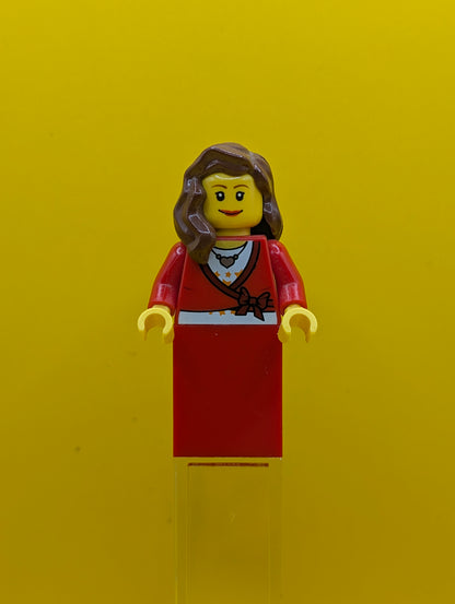 Sweater Cropped twn121 with Bow, Heart Necklace, Red Skirt, Reddish Brown Female Hair over Shoulder, Small Eylashes and Wide Smile City Lego Minifigure