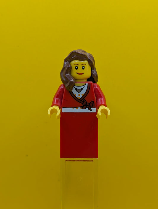 Sweater Cropped twn121 with Bow, Heart Necklace, Red Skirt, Reddish Brown Female Hair over Shoulder, Small Eylashes and Wide Smile City Lego Minifigure