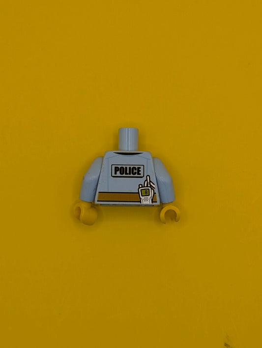 Torso Police Shirt with Gold Badge, Dark Blue Tie, Dark Tan Belt and 'POLICE' and Radio on Back Pattern / Bright Light Blue Arms / Yellow Hands 973pb2600c01 Lego