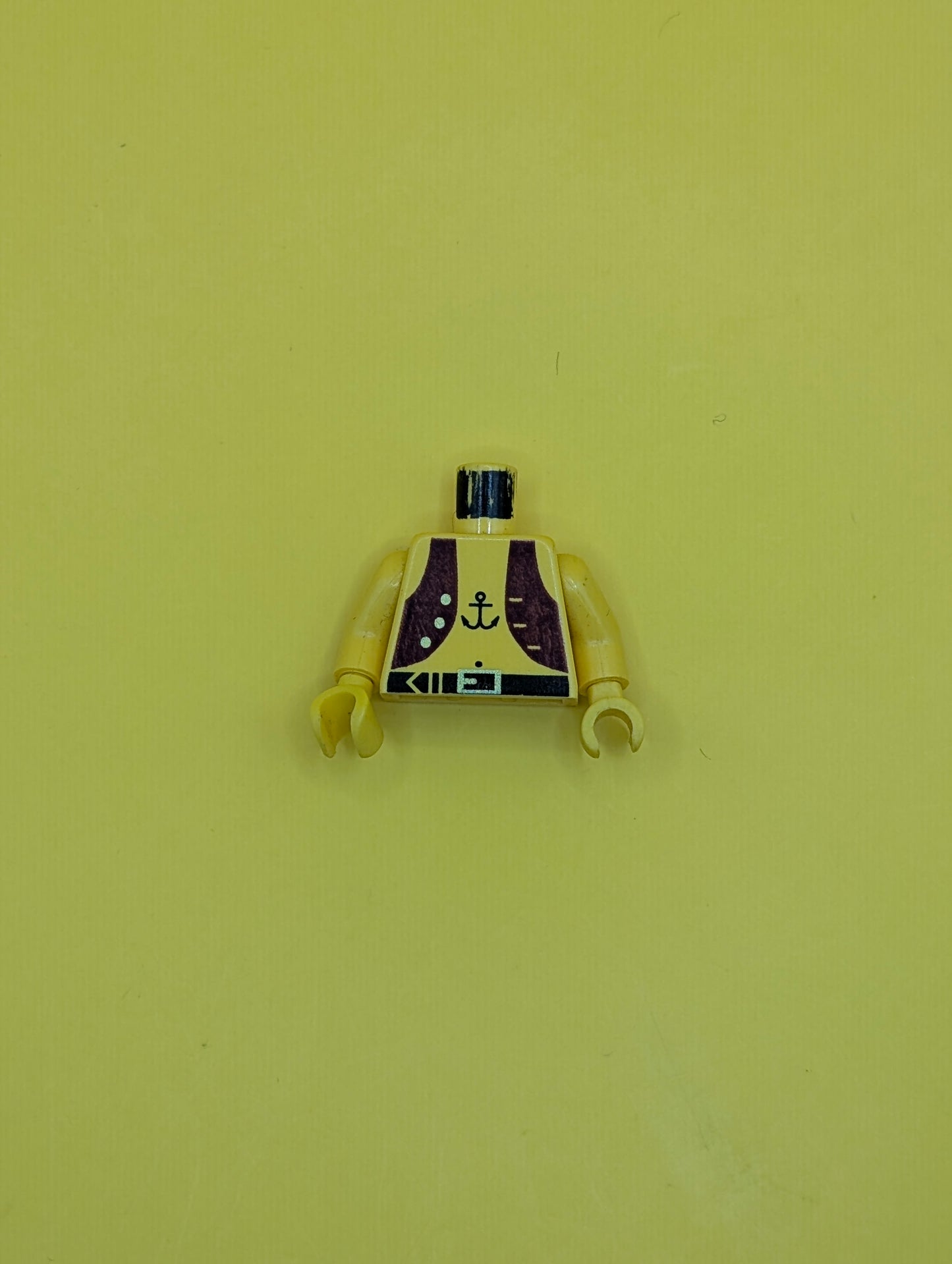 973p30c01 Torso Pirate Dark Purple Vest Open with Gold Buttons, Black Belt with Buckle, Anchor Tattoo, Navel Pattern / Yellow Arms / Yellow Hands Lego Part
