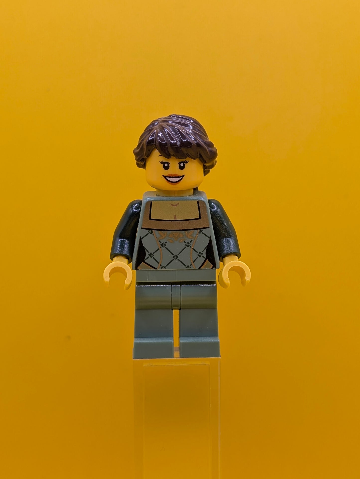 Sand Green Female cty0444 Corset with Gold Trimmed Front, Sand Green Legs, Dark Brown Hair Ponytail Long French Braided City Lego Minifigure