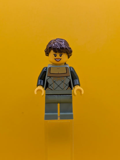 Sand Green Female cty0444 Corset with Gold Trimmed Front, Sand Green Legs, Dark Brown Hair Ponytail Long French Braided City Lego Minifigure