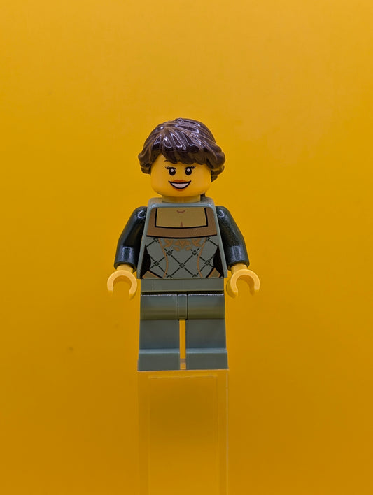 Sand Green Female cty0444 Corset with Gold Trimmed Front, Sand Green Legs, Dark Brown Hair Ponytail Long French Braided City Lego Minifigure