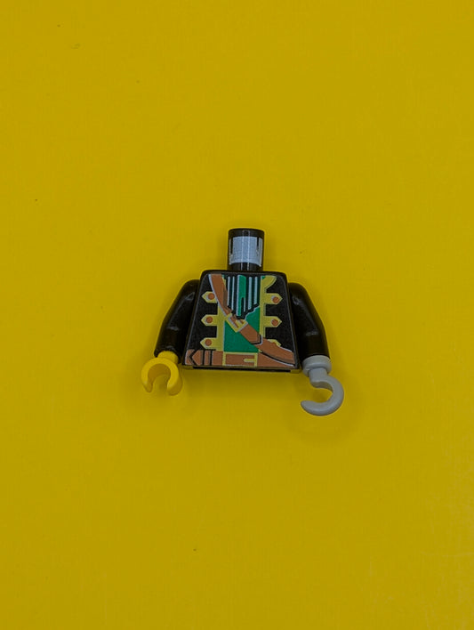 Torso Pirate Captain Jacket Open with Yellow Trim over Green Shirt with Neck Ruffle, Brown Strap, Belt with Buckle Pattern / Black Arms / Light Gray Hook Left / Yellow Hand Right 973p36c01 Lego