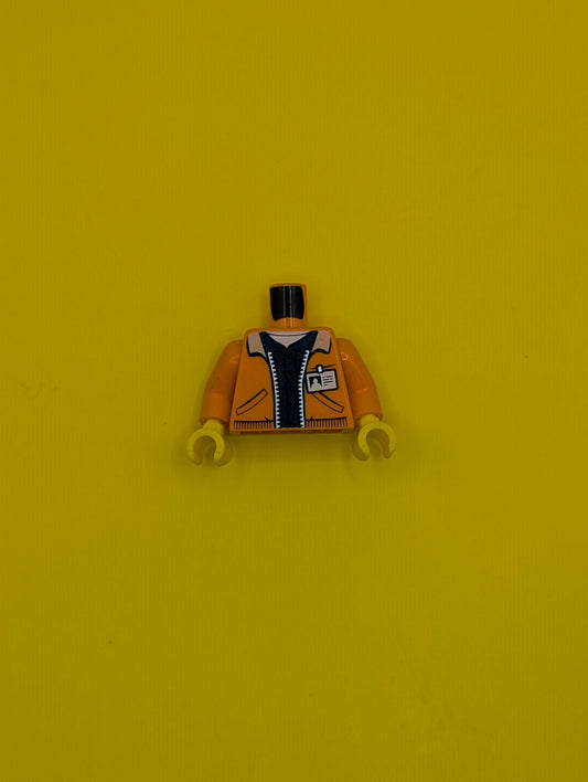Torso Town Jacket with Pockets over Dark Blue Shirt with Name Tag and Miners Logo on Back Pattern / Orange Arms / Yellow Hands 973pb2920c01 Lego