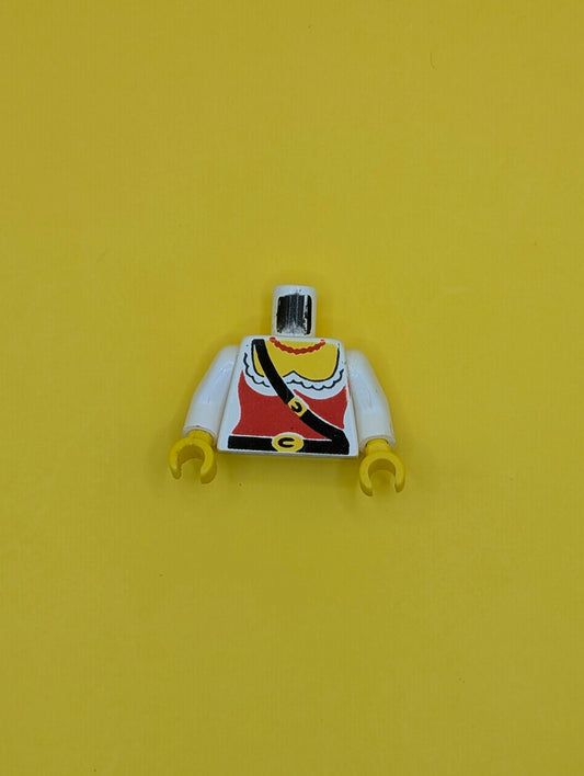 Torso Female Pirate Ruffled Shirt under Red Corset, Black Belts with Buckles, Bead Necklace, Yellow Chest Pattern / White Arms / Yellow Hands 973p38c01 Lego