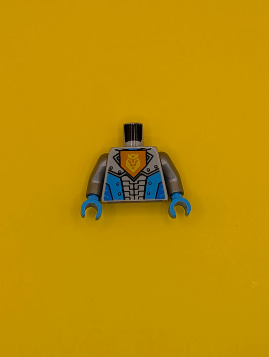 Torso Nexo Knights Armor with Orange Emblem with Yellow Crowned Lion, Dark Azure Panels Pattern / Flat Silver Arms / Dark Azure Hands 973pb2256c01 Lego