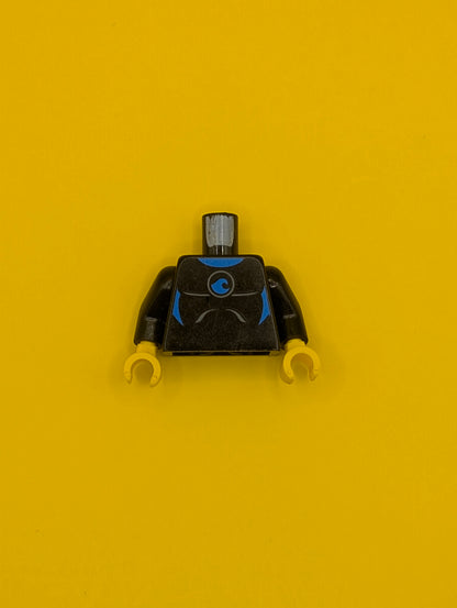 Torso Wetsuit with Blue Collar, Panels, and Wave Logo, Silver Zipper on Back Pattern / Black Arms / Yellow Hands 973pb1435c01 Lego