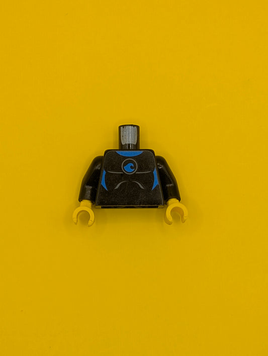 Torso Wetsuit with Blue Collar, Panels, and Wave Logo, Silver Zipper on Back Pattern / Black Arms / Yellow Hands 973pb1435c01 Lego
