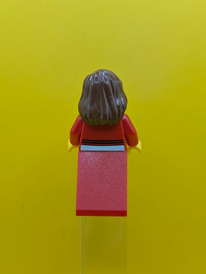 Sweater Cropped twn121 with Bow, Heart Necklace, Red Skirt, Reddish Brown Female Hair over Shoulder, Small Eylashes and Wide Smile City Lego Minifigure