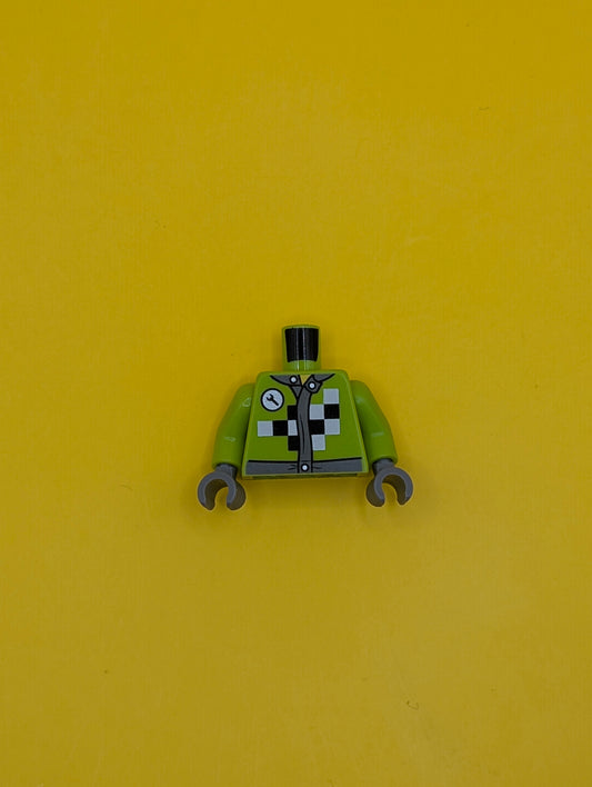 973pb1384c01 Torso Mechanic Racing Jacket with Wrench and Black and White Checkered Pattern / Lime Arms / Dark Bluish Gray Hands Lego Part