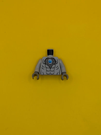 973pb1353c01 Torso Bare Chest with Muscles Outline, Dark Bluish Gray Fur and Dark Azure Round Jewel (Chi) Pattern / Light Bluish Gray Arms / Dark Bluish Gray Hands Lego Part