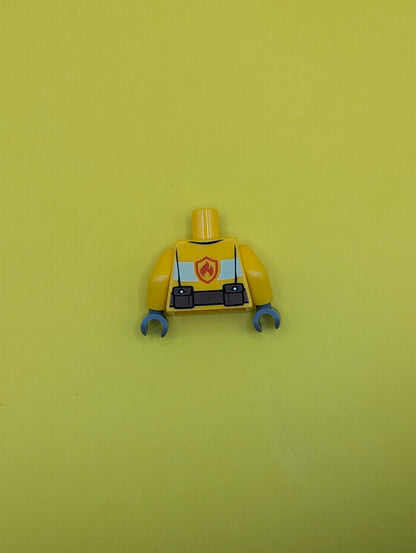 973pb1011c01 Torso Fire Suit with Stripe and Brown Utility Belt and Fire Logo on Back Pattern / Bright Light Orange Arms / Dark Bluish Gray Hands Lego Part