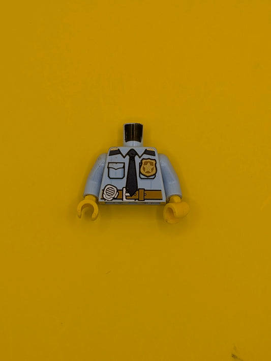 Torso Police Shirt with Gold Badge, Dark Blue Tie, Dark Tan Belt and 'POLICE' and Radio on Back Pattern / Bright Light Blue Arms / Yellow Hands 973pb2600c01 Lego
