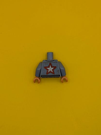 973pb4655c01 Torso Jacket with Pockets, Red Trim and Star over Light Bluish Gray Shirt, Belt with Silver Buckles Pattern / Sand Blue Arms / Nougat Hands Lego Part