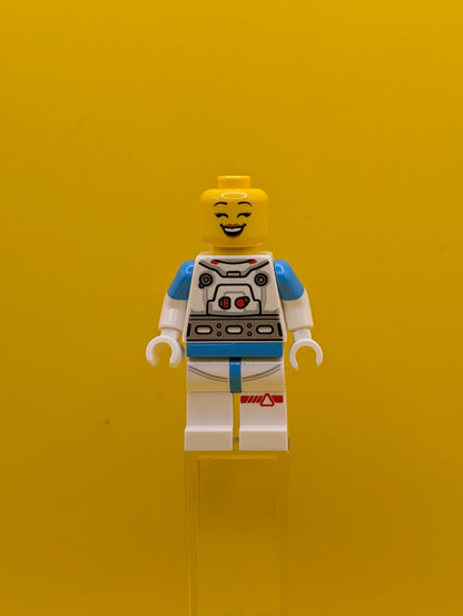 Lunar Research Astronaut cty1409 Female, White and Dark Azure Suit, White Helmet, Metallic Gold Visor, Backpack Clips, Open Mouth Smile City Lego Minifigure