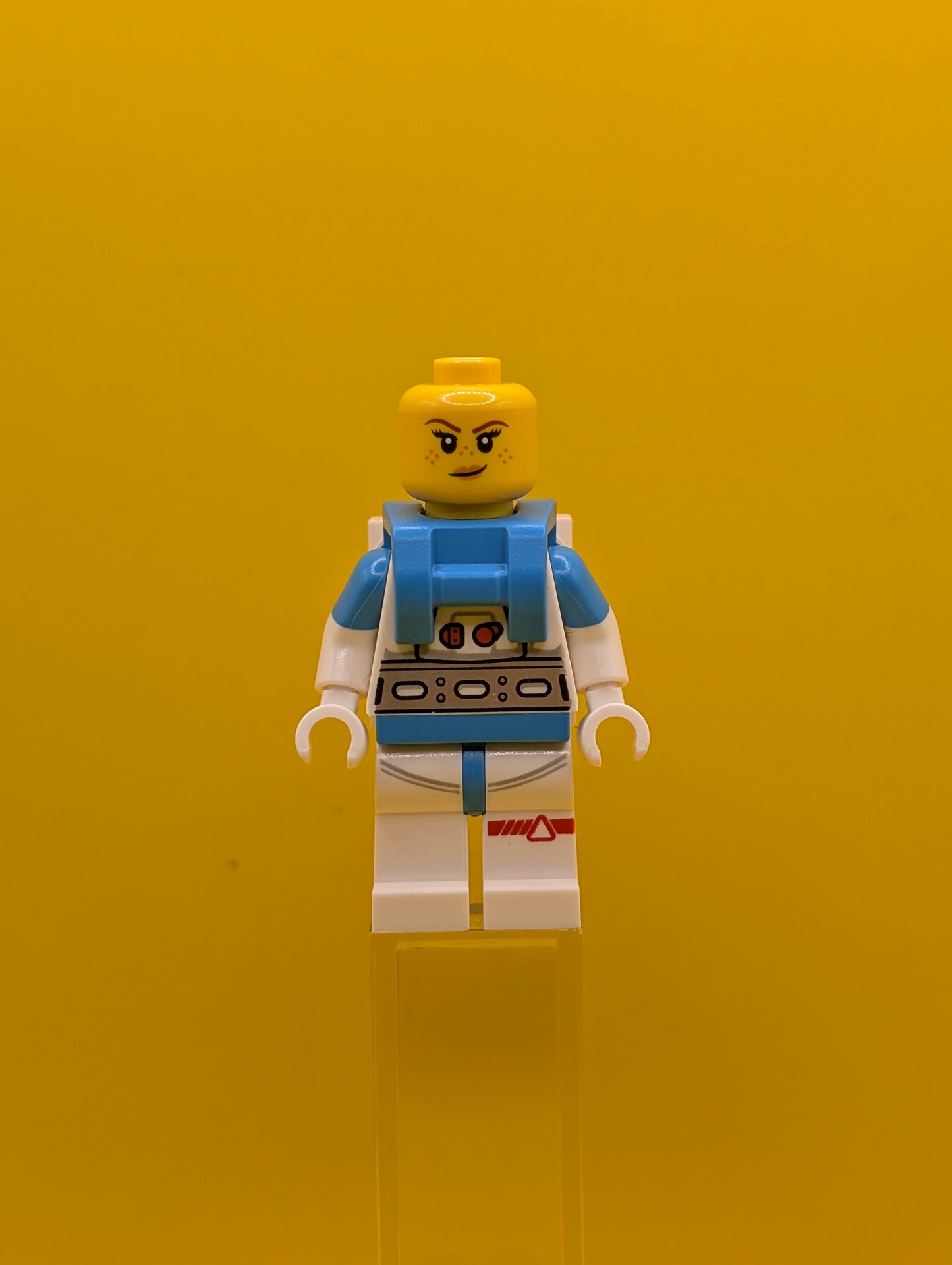 Lunar Research Astronaut cty1408 Female, White and Dark Azure Suit, White Helmet, Metallic Gold Visor, Freckles City Lego Minifigure