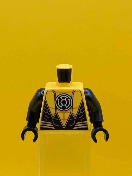 973pb3350c01 Torso Super Hero Yellow Lantern Logo on Black Circle, Muscle Contours, Black Scalloped Panels, Silver Stripes Pattern / Black Arms / Black Hands Lego