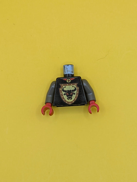 Torso Castle Knights Kingdom Bull's Head on Brown Shield Pattern / Dark Gray Arms / Red Hands 973px120c01 Lego