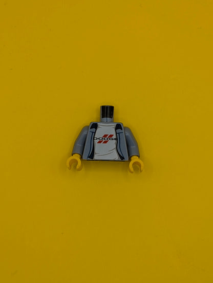 973pb3426c01 Torso Jacket with Dodge Logo on White Rumpled Shirt Pattern / Sand Blue Arms / Yellow Hands Lego Part