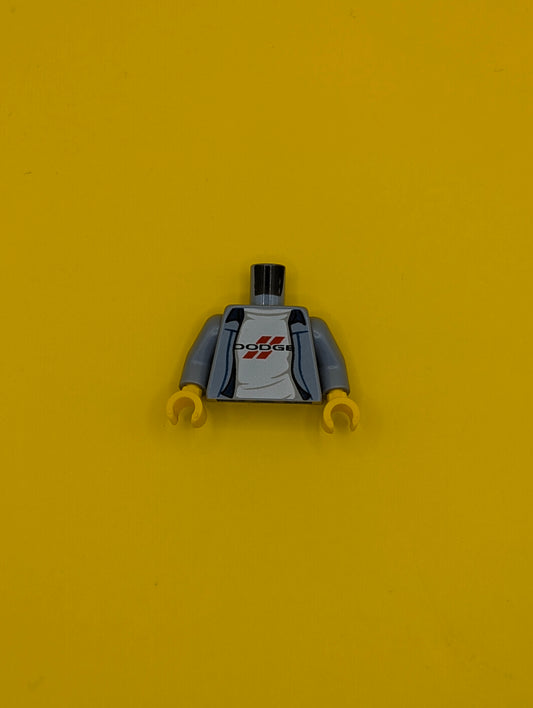 973pb3426c01 Torso Jacket with Dodge Logo on White Rumpled Shirt Pattern / Sand Blue Arms / Yellow Hands Lego Part