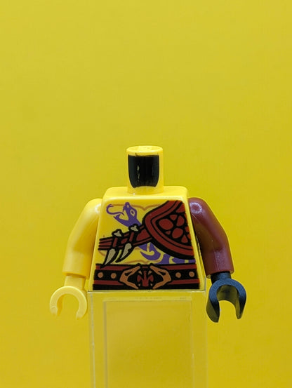 973pb1914c01 Torso Ninjago Bare Chest Muscles, Purple Snake Tattoo, Shoulder Pad, Snake Buckle Pattern / Dark Red Arm and Black Hand Left / Yellow Arm and Hand Right Lego