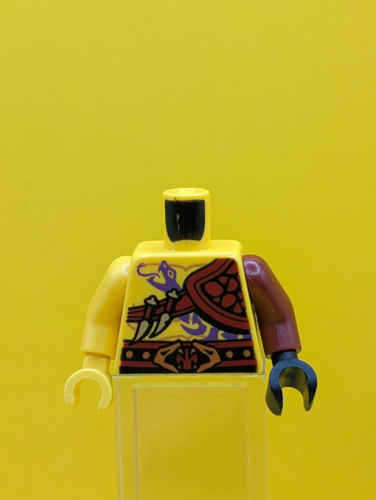 973pb1914c01 Torso Ninjago Bare Chest Muscles, Purple Snake Tattoo, Shoulder Pad, Snake Buckle Pattern / Dark Red Arm and Black Hand Left / Yellow Arm and Hand Right Lego