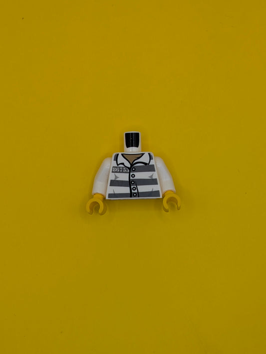 Torso Town Prisoner Number 86753, Dark Bluish Gray Stripes, Buttons, Dark Tan Undershirt Pattern / White Arms / Yellow Hands 973pb1557c01 Lego