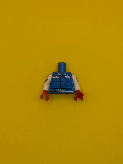 973pb3068c01 Torso Racing Jacket with 'RR' and 'CLUTCH DRIVE' Logos Pattern / White Arms with Red Stripe and 'GRAND BRIX' Pattern / Red Hands Lego Part