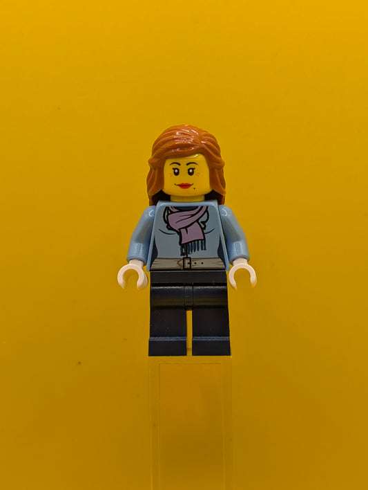 Medium Blue Jacket cty0443 with Light Purple Scarf, Dark Blue Legs, Dark Orange Female Hair Mid-Length City Lego Minifigure