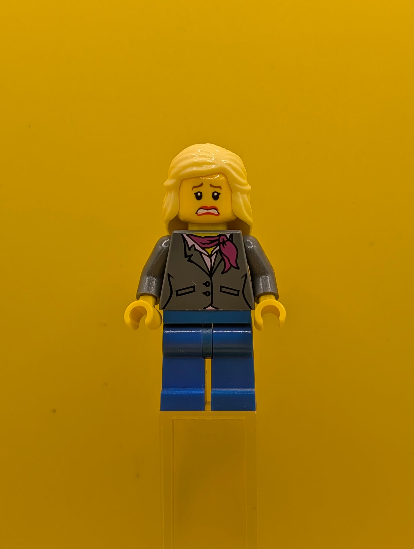 Dark Bluish Gray Jacket twn119 with Magenta Scarf, Blue Legs, Bright Light Yellow Female Hair Mid-Length City Lego Minifigure