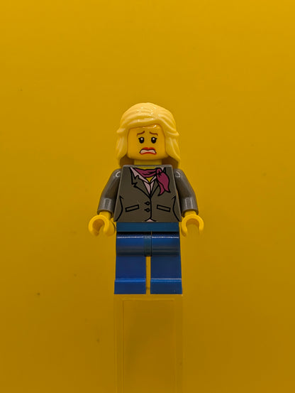 Dark Bluish Gray Jacket twn119 with Magenta Scarf, Blue Legs, Bright Light Yellow Female Hair Mid-Length City Lego Minifigure