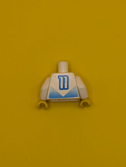 Torso Soccer Jersey Shirt with Blue Chevron and Number 11, Yellow Neck Pattern / White Arms / Yellow Hands 973pb0176c01 Lego