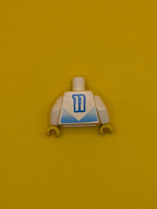 Torso Soccer Jersey Shirt with Blue Chevron and Number 11, Yellow Neck Pattern / White Arms / Yellow Hands 973pb0176c01 Lego