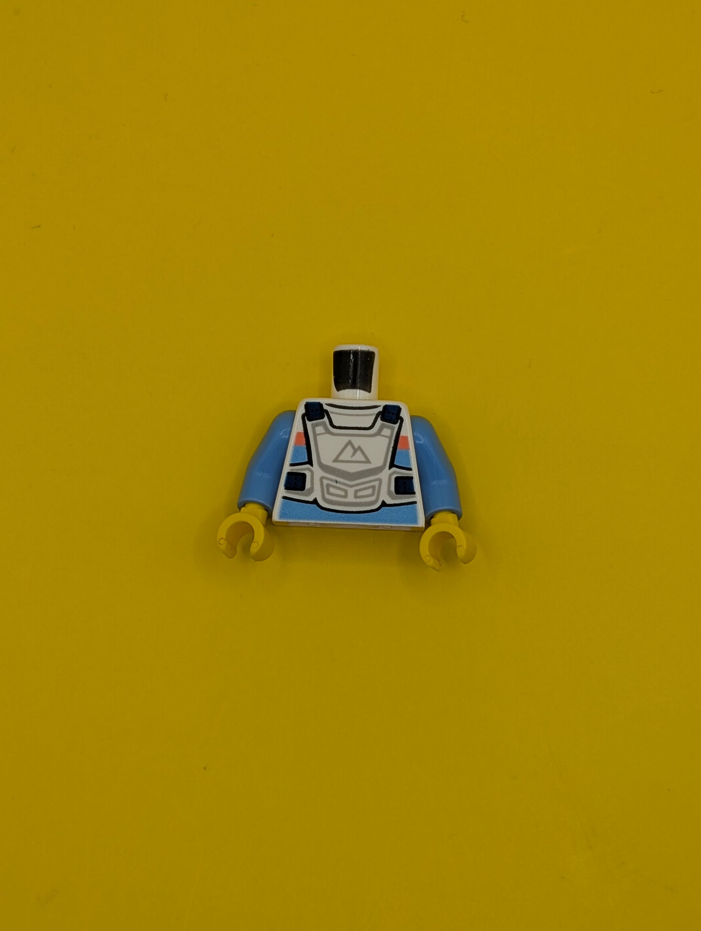 973pb4471c01 Torso Racing Suit, Bright Light Blue and Coral Stripes, White Chest Protector, Sport Mountains Logo Pattern / Medium Blue Arms / Yellow Hands Lego Part