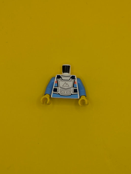973pb4471c01 Torso Racing Suit, Bright Light Blue and Coral Stripes, White Chest Protector, Sport Mountains Logo Pattern / Medium Blue Arms / Yellow Hands Lego Part