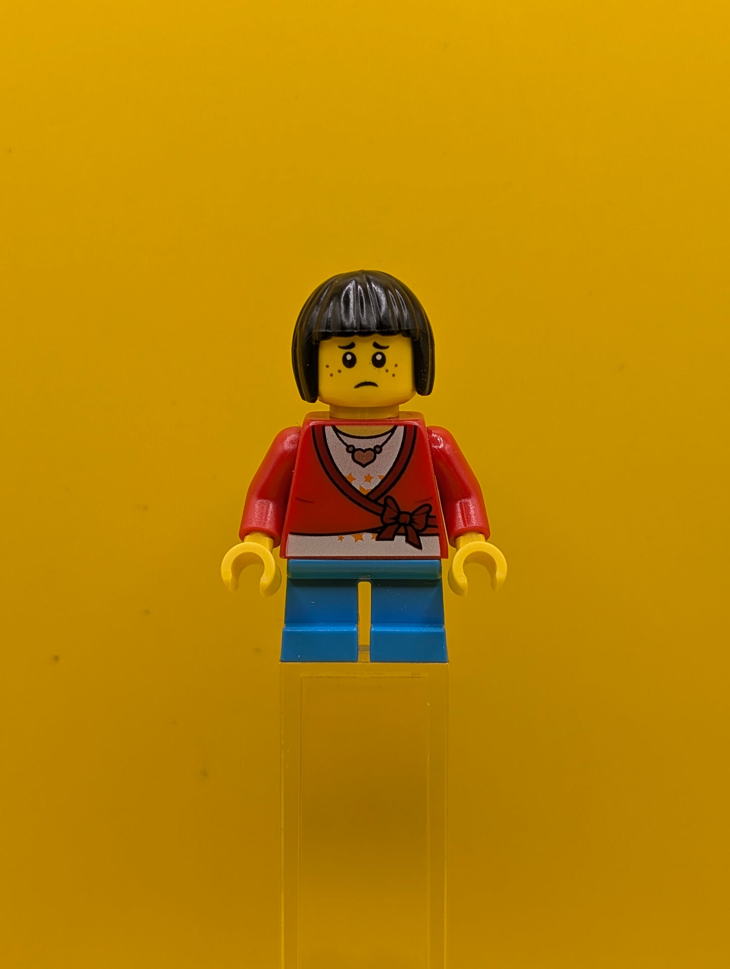 Sweater Cropped cty0437 with Bow, Heart Necklace, Dark Azure Short Legs, Black Bob Cut Hair City Lego Minifigure