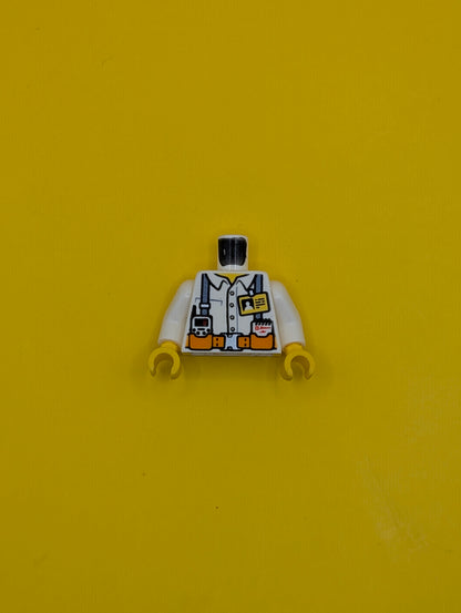 Torso Town Miners White Shirt with Dark Gray Suspender Straps Pattern with Radio, Notebook and ID Badge / White Arms / Yellow Hands 973pb2990c01 Lego