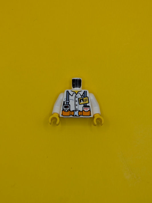 Torso Town Miners White Shirt with Dark Gray Suspender Straps Pattern with Radio, Notebook and ID Badge / White Arms / Yellow Hands 973pb2990c01 Lego
