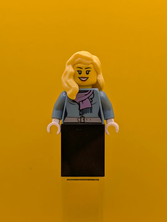 Medium Blue Jacket twn147 with Light Purple Scarf Black Skirt, Bright Light Yellow Female Hair over Shoulder City Lego Minifigure