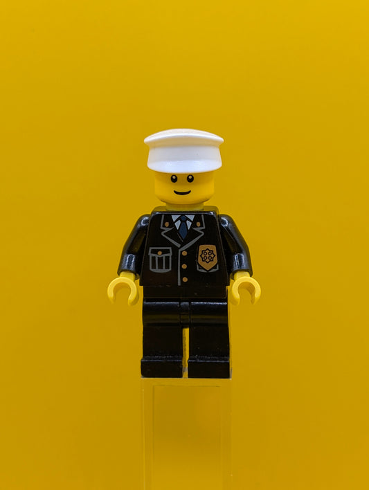 Police cty0005a City Suit with Blue Tie and Badge, Black Legs, White Hat, Black Eyebrows, Thin Grin Lego Minifigure