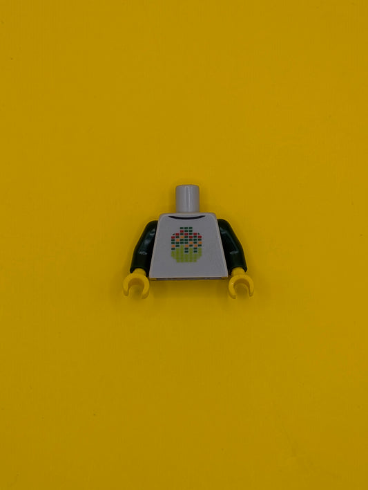 Torso Shirt with Dark Green, Lime, Orange, and Red Pixelated Minifigure Head, Black Collar Pattern / Dark Green Arms / Yellow Hands 973pb1218c01 Lego