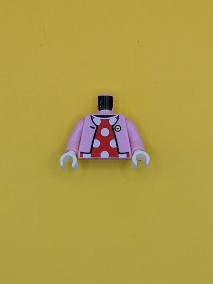 Torso Open Jacket with Button over Red Dress with White Polka Dots Pattern / Bright Pink Arms / White Hands 973pb4730c01 Lego