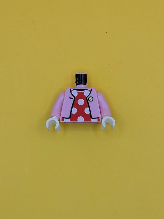 Torso Open Jacket with Button over Red Dress with White Polka Dots Pattern / Bright Pink Arms / White Hands 973pb4730c01 Lego