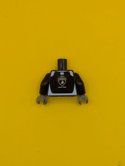 Torso Racing Suit with Vertical White Stripes and Lamborghini Logo on Front and Back Pattern / Black Arms / Dark Bluish Gray Hands 973pb3859c01 Lego