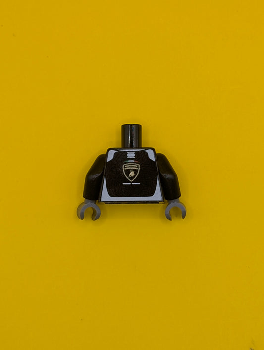 Torso Racing Suit with Vertical White Stripes and Lamborghini Logo on Front and Back Pattern / Black Arms / Dark Bluish Gray Hands 973pb3859c01 Lego