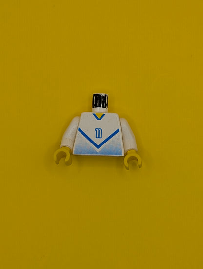 Torso Soccer Jersey Shirt with Blue Chevron and Number 11, Yellow Neck Pattern / White Arms / Yellow Hands 973pb0176c01 Lego