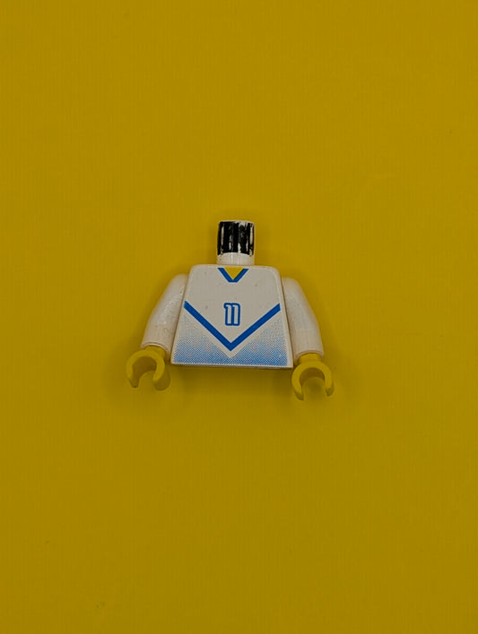 Torso Soccer Jersey Shirt with Blue Chevron and Number 11, Yellow Neck Pattern / White Arms / Yellow Hands 973pb0176c01 Lego